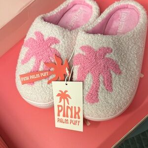 Pink Palm Puff Kids Slippers - Pink and White